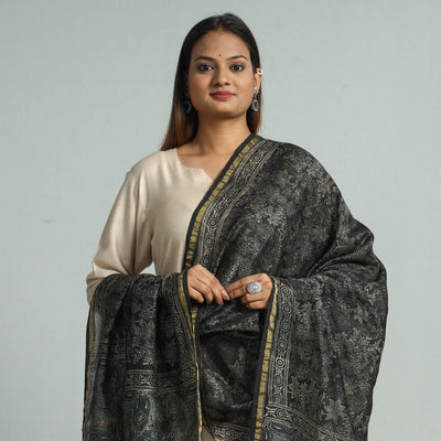 Black - Block Print Chanderi Silk Handloom Ajrakh Dupatta 37