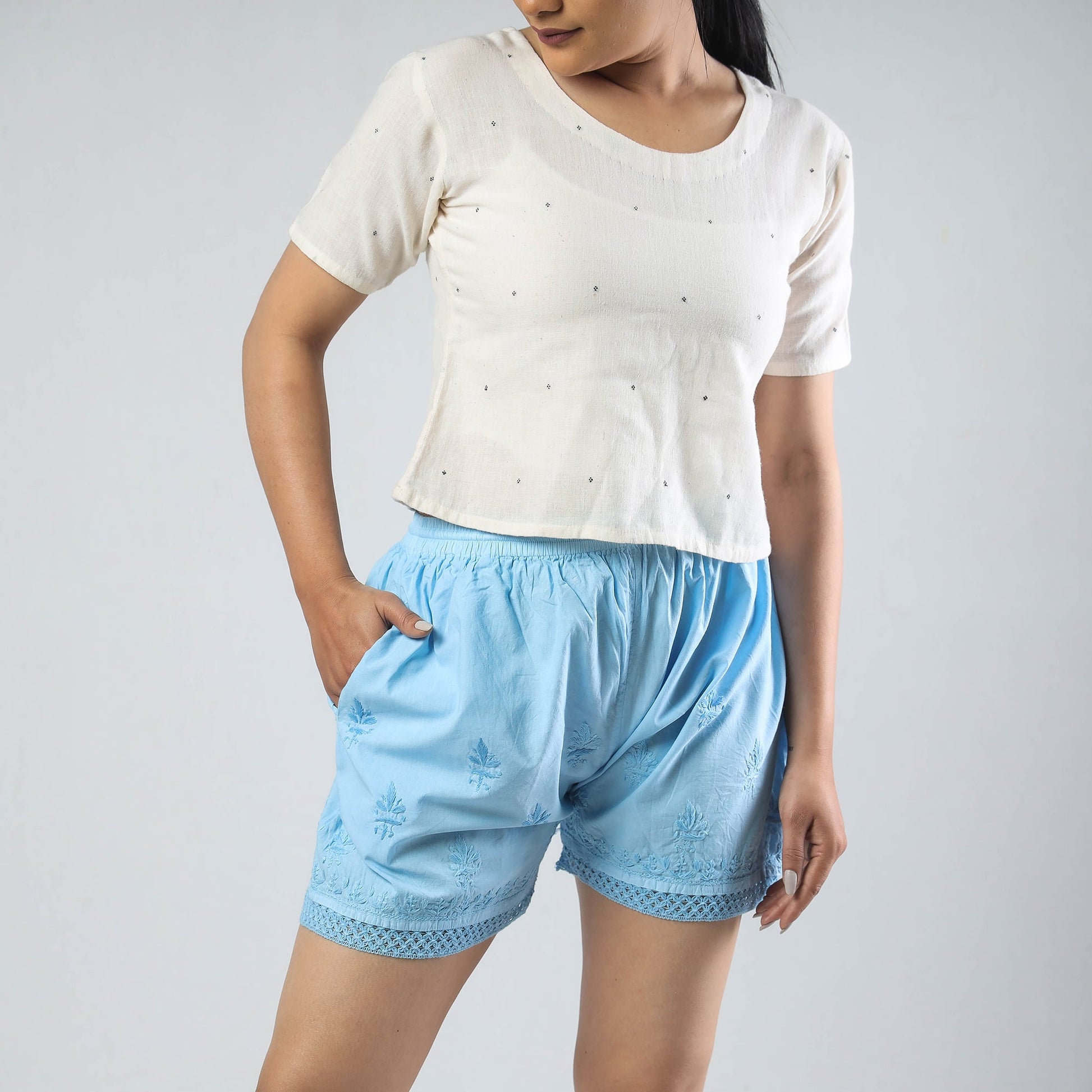 Blue - Chikankari Hand Embroidered Cotton Short