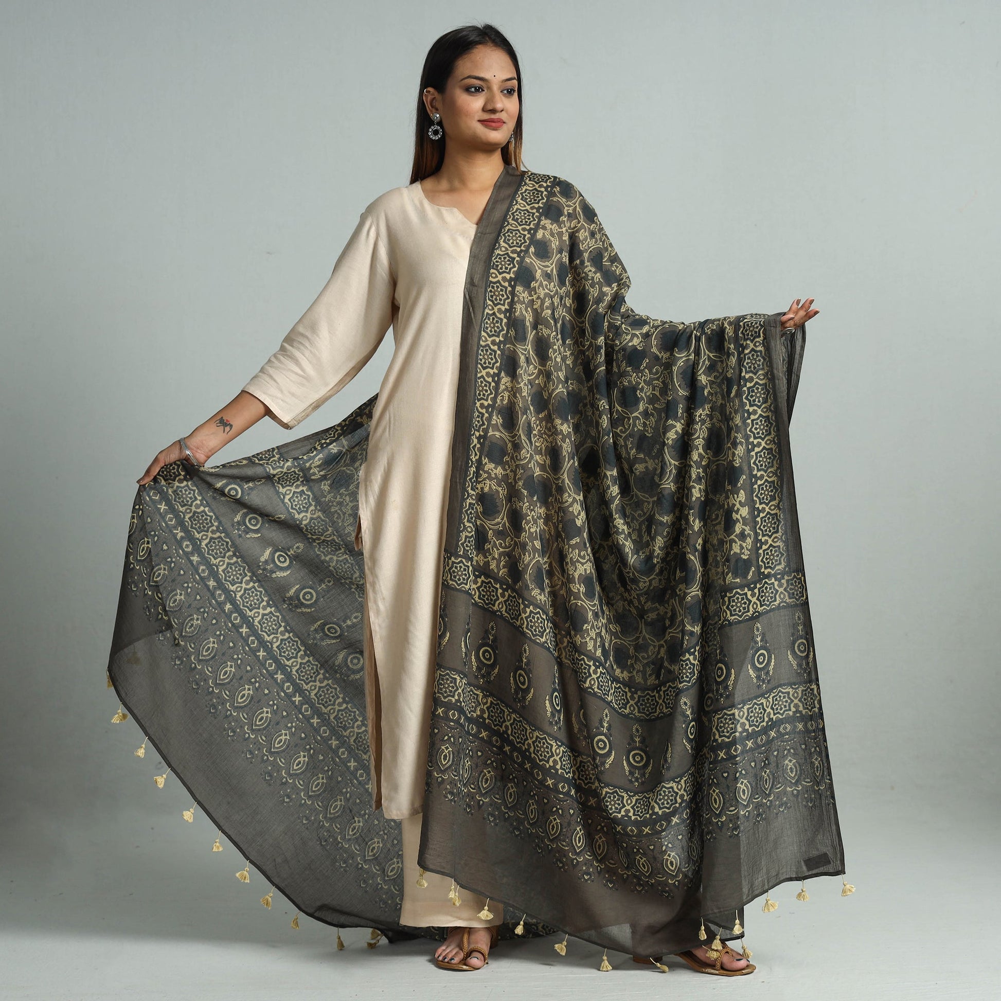 Brown - Hand Block Printed Cotton Ajrakh Dupatta 39