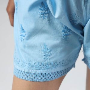 Blue - Chikankari Hand Embroidered Cotton Short