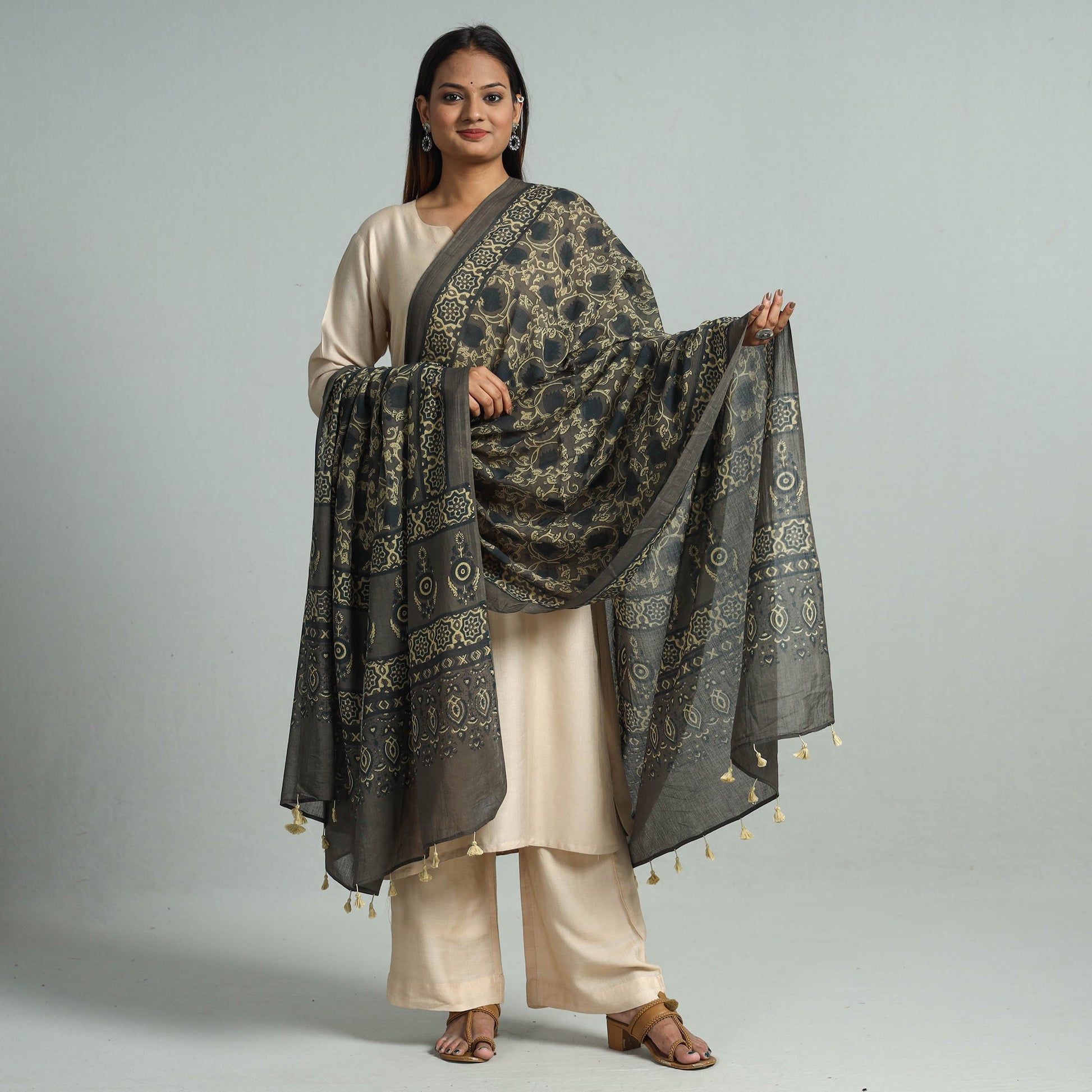 Brown - Hand Block Printed Cotton Ajrakh Dupatta 39