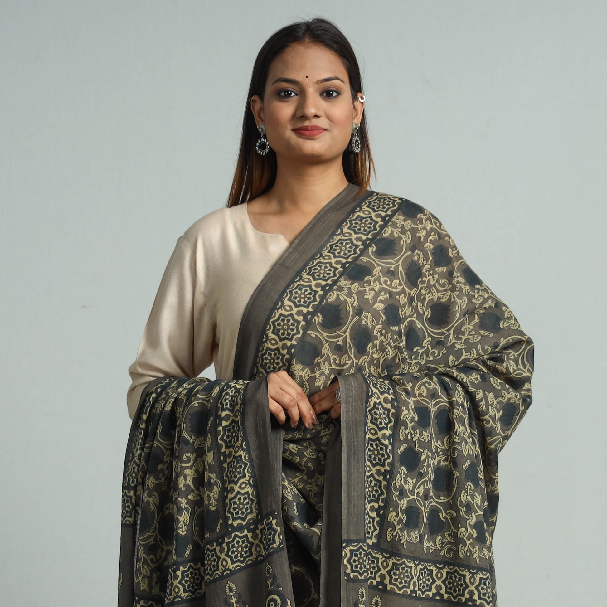 Brown - Hand Block Printed Cotton Ajrakh Dupatta 39