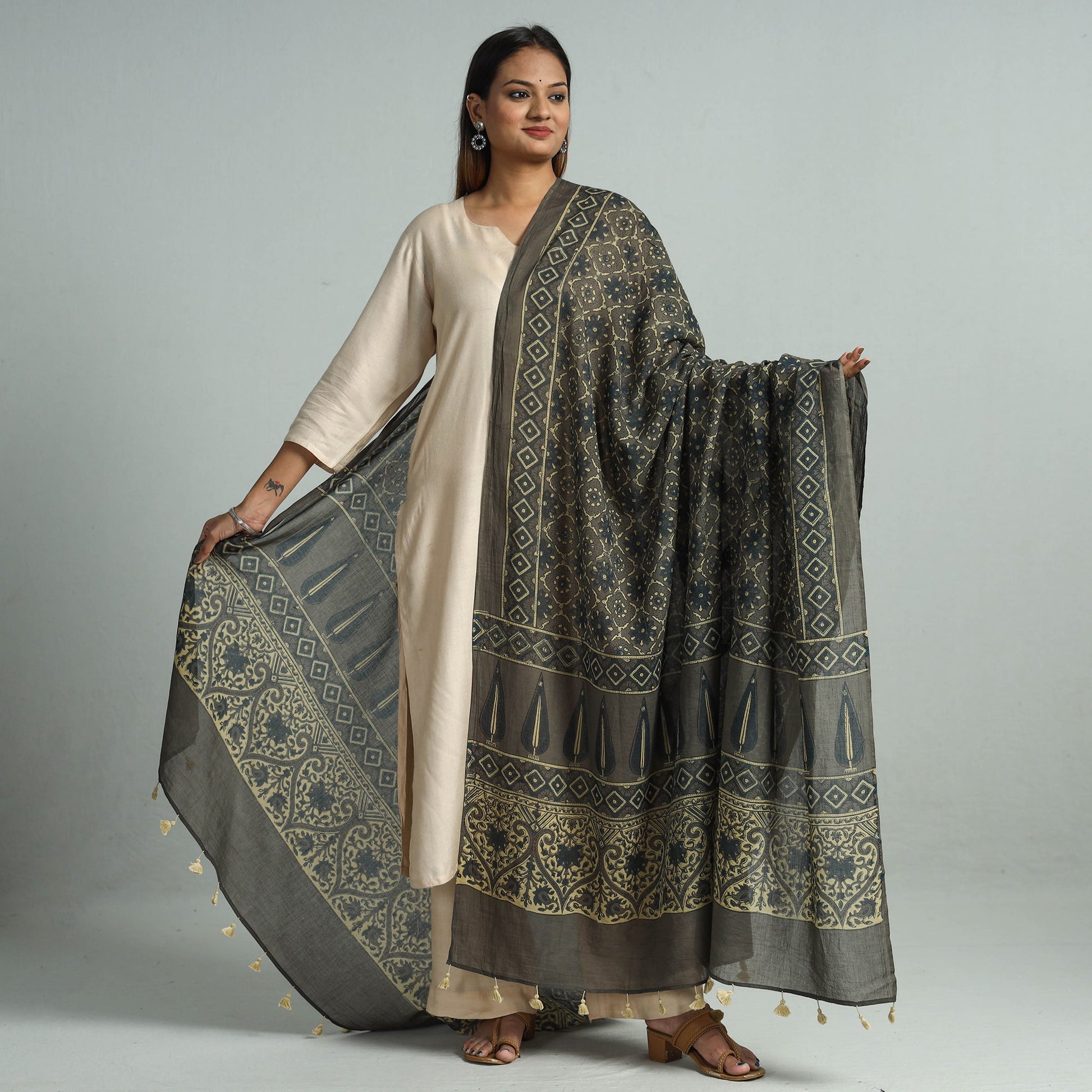 Brown - Hand Block Printed Cotton Ajrakh Dupatta 40