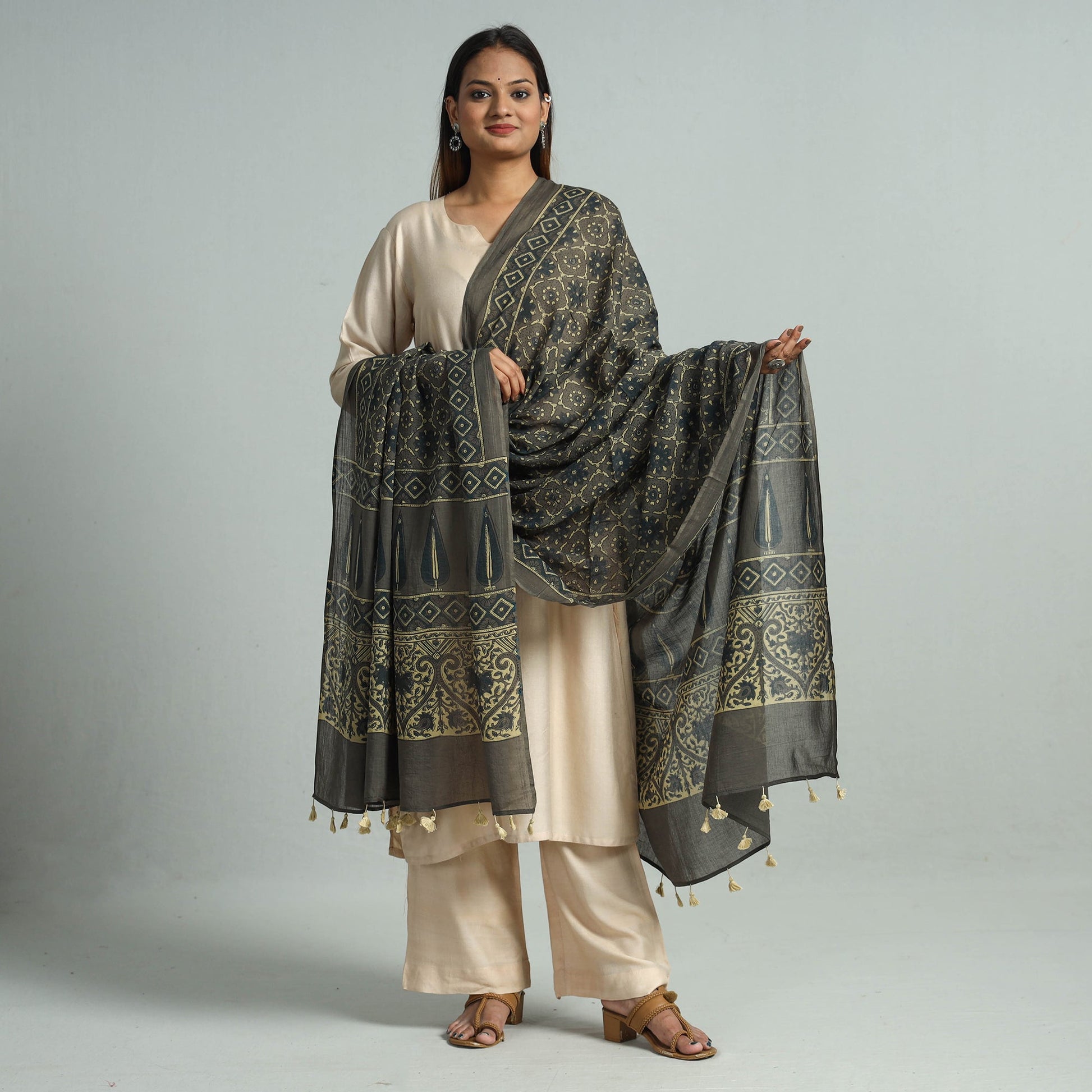 Brown - Hand Block Printed Cotton Ajrakh Dupatta 40