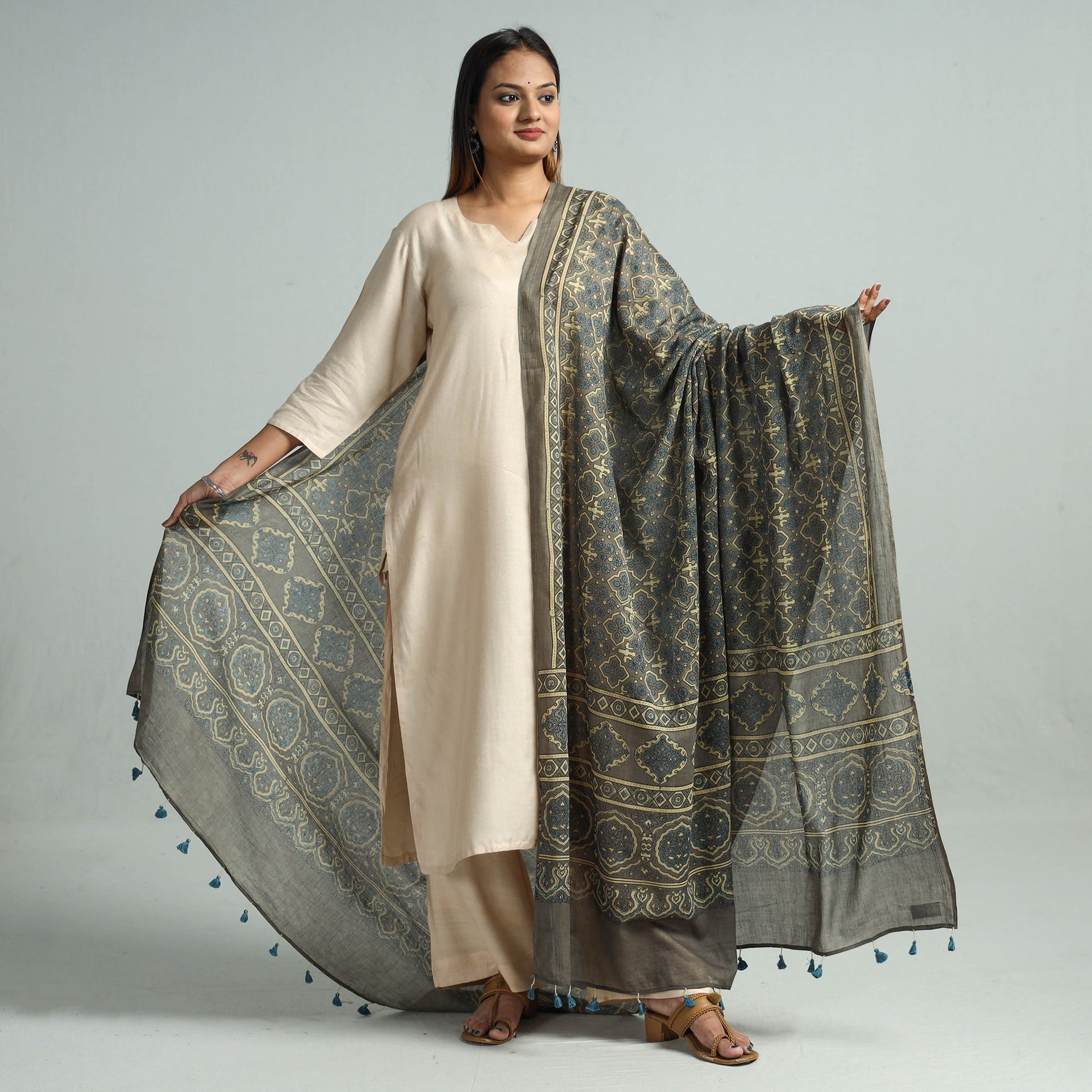 Brown - Hand Block Printed Cotton Ajrakh Dupatta 41