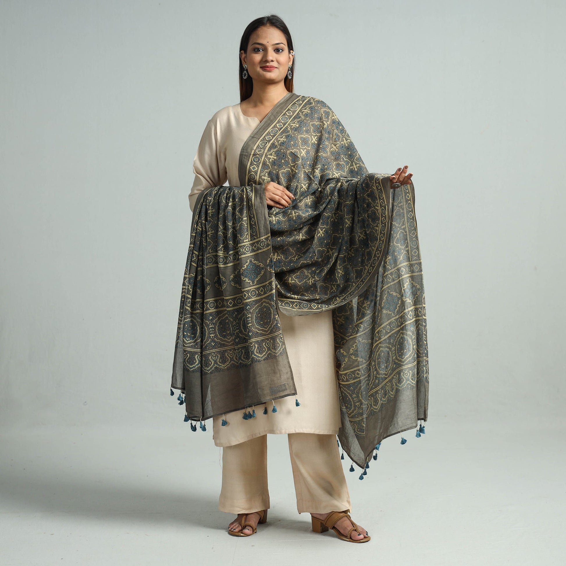 Brown - Hand Block Printed Cotton Ajrakh Dupatta 41
