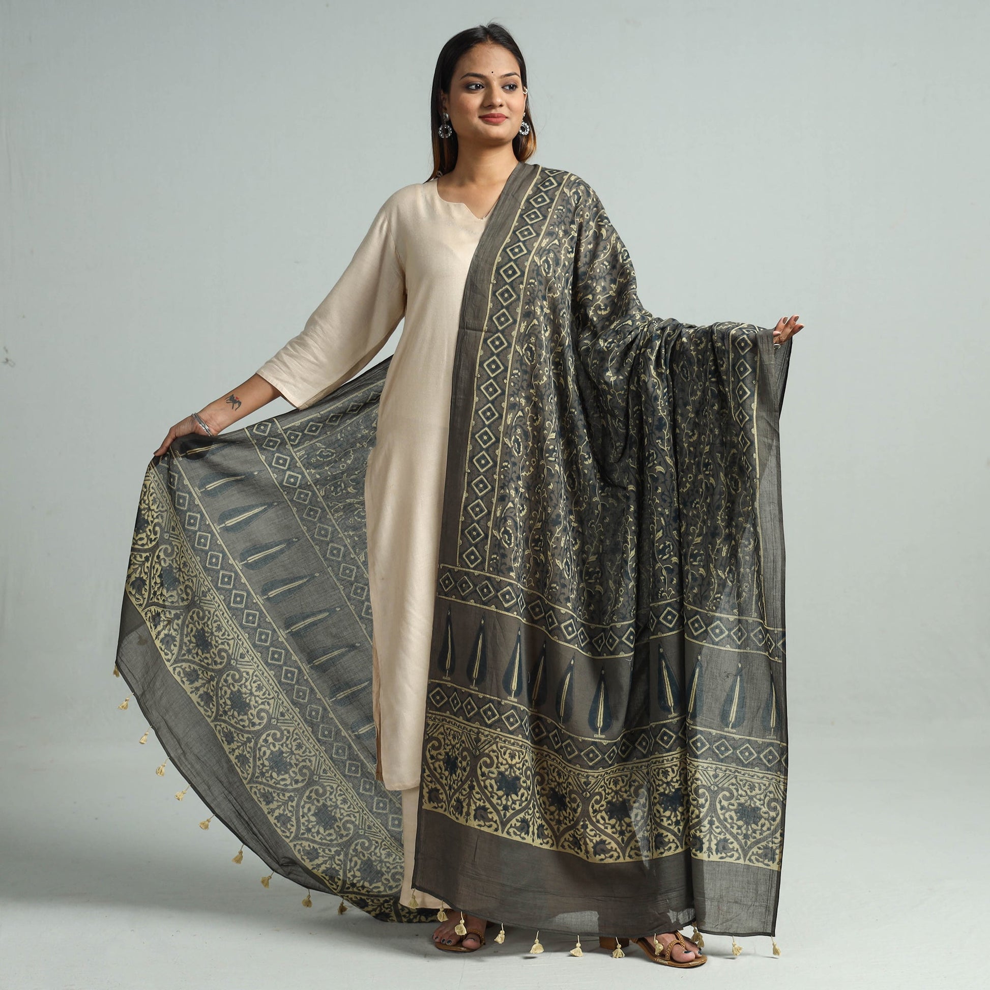 Brown - Hand Block Printed Cotton Ajrakh Dupatta 42