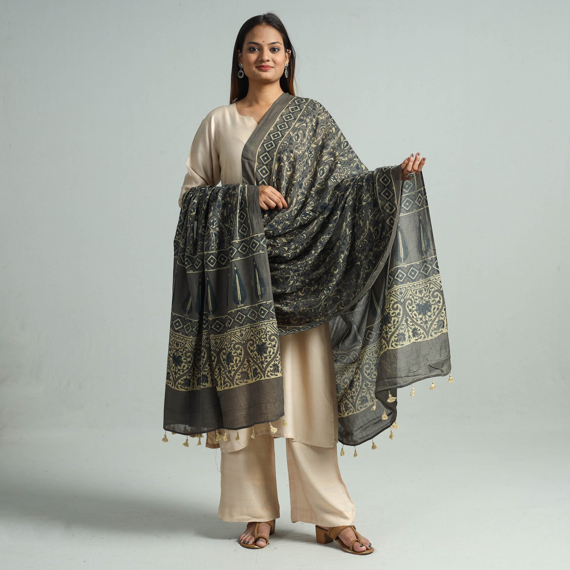 Brown - Hand Block Printed Cotton Ajrakh Dupatta 42