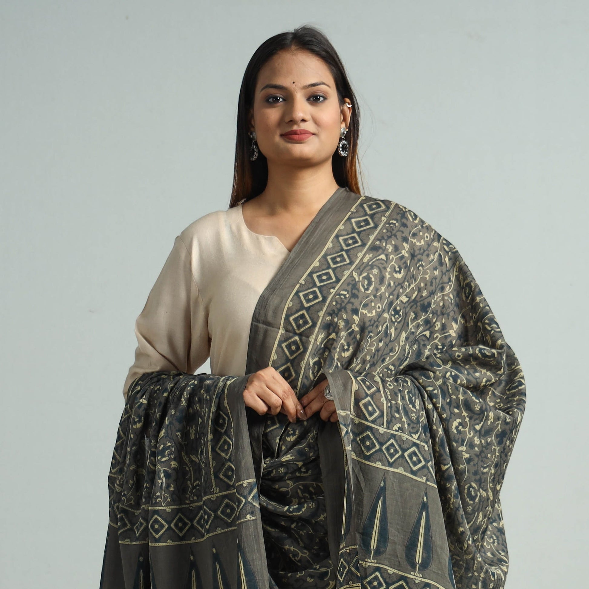 Brown - Hand Block Printed Cotton Ajrakh Dupatta 42