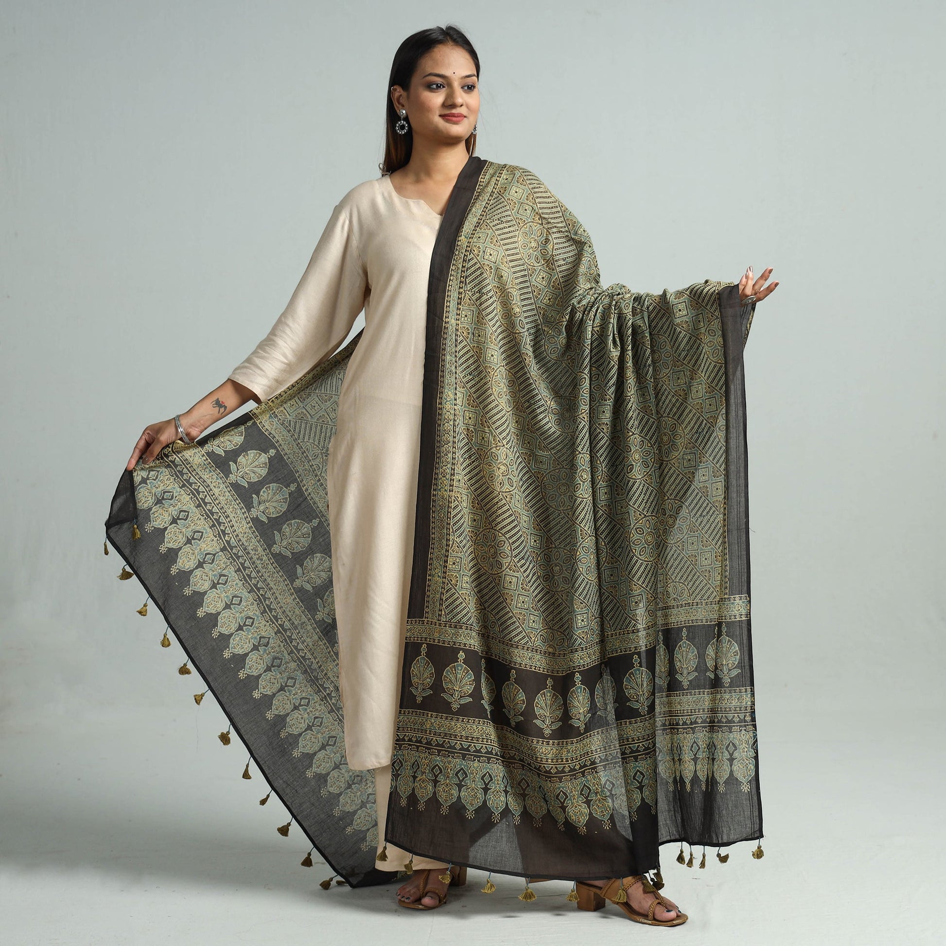 Brown - Hand Block Printed Cotton Ajrakh Dupatta 44