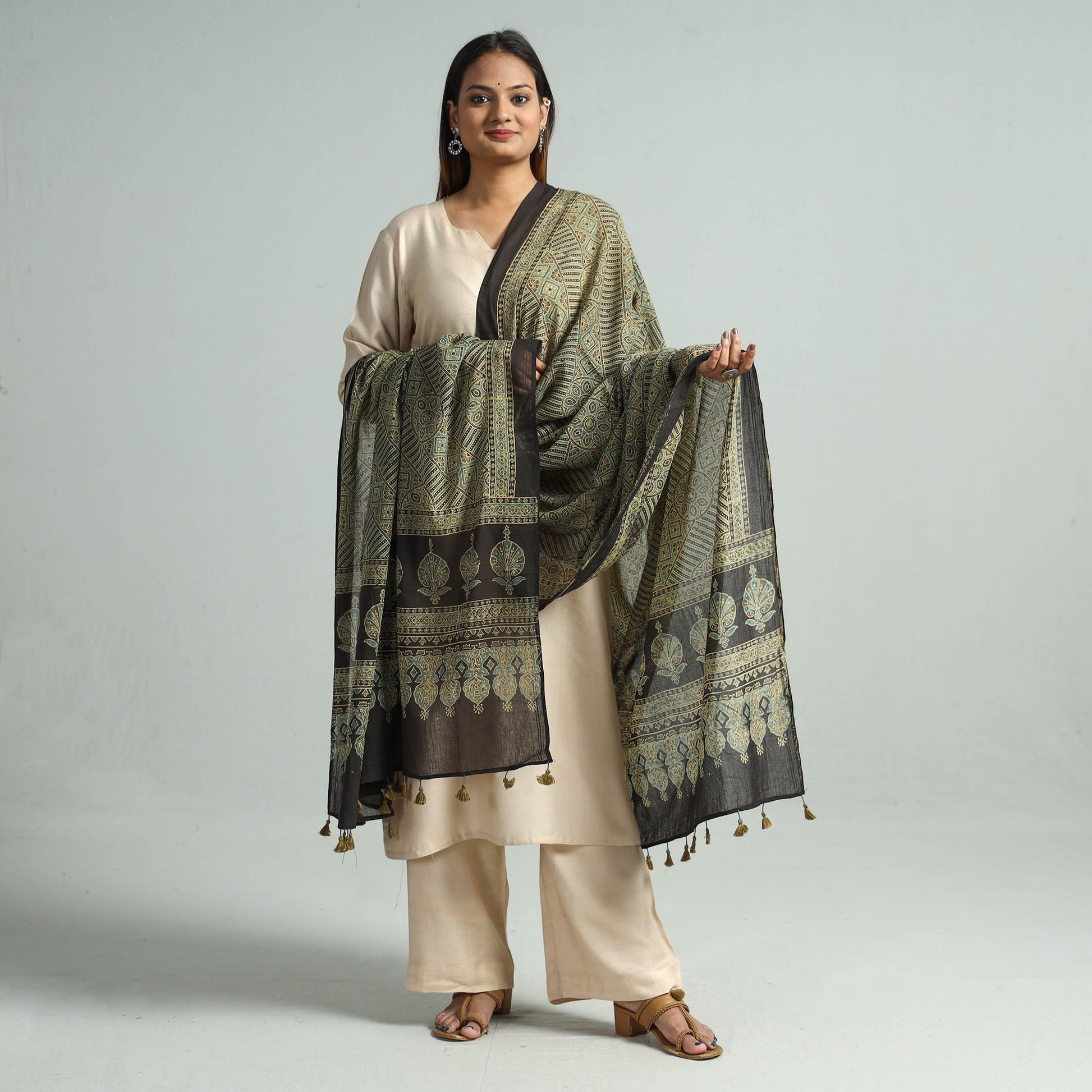 Brown - Hand Block Printed Cotton Ajrakh Dupatta 44