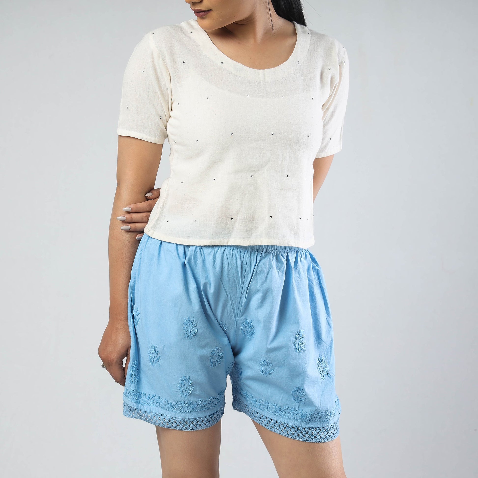 Blue - Chikankari Hand Embroidered Cotton Short