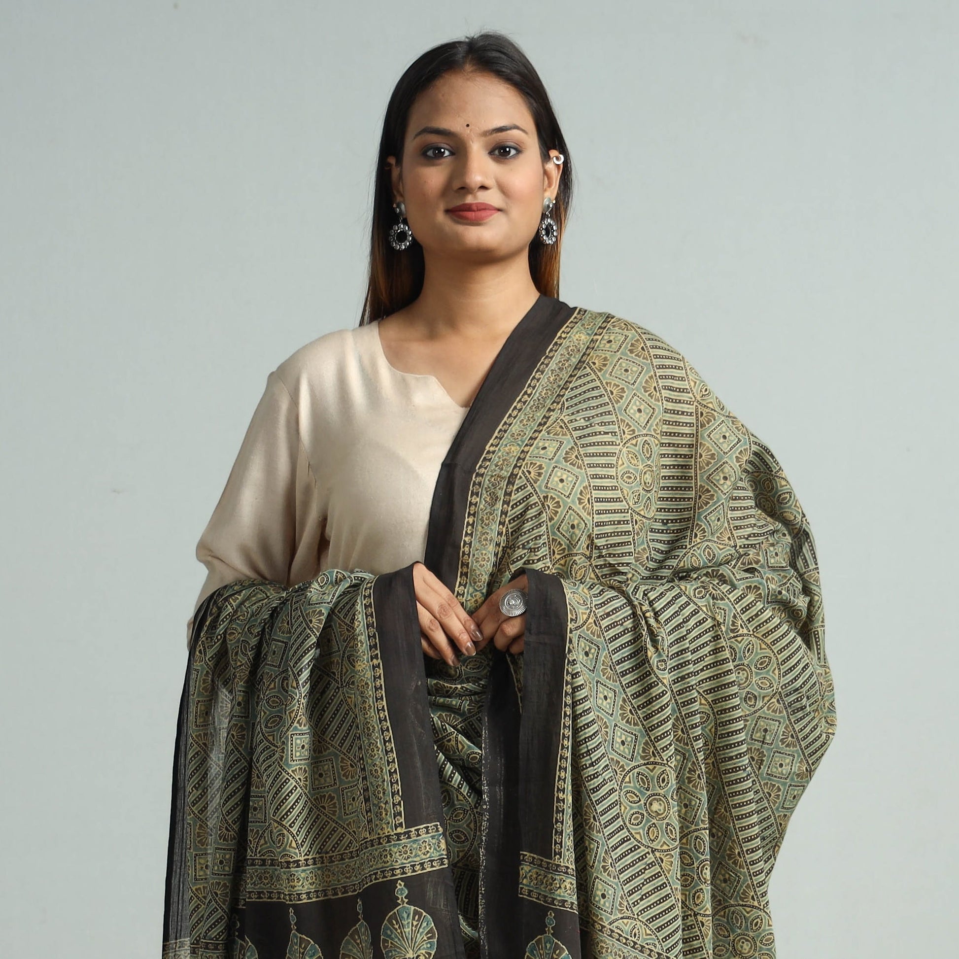 Brown - Hand Block Printed Cotton Ajrakh Dupatta 44