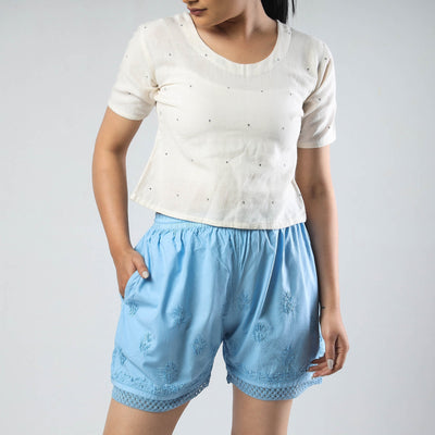 Blue - Chikankari Hand Embroidered Cotton Short