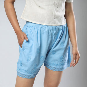 Blue - Chikankari Hand Embroidered Cotton Short