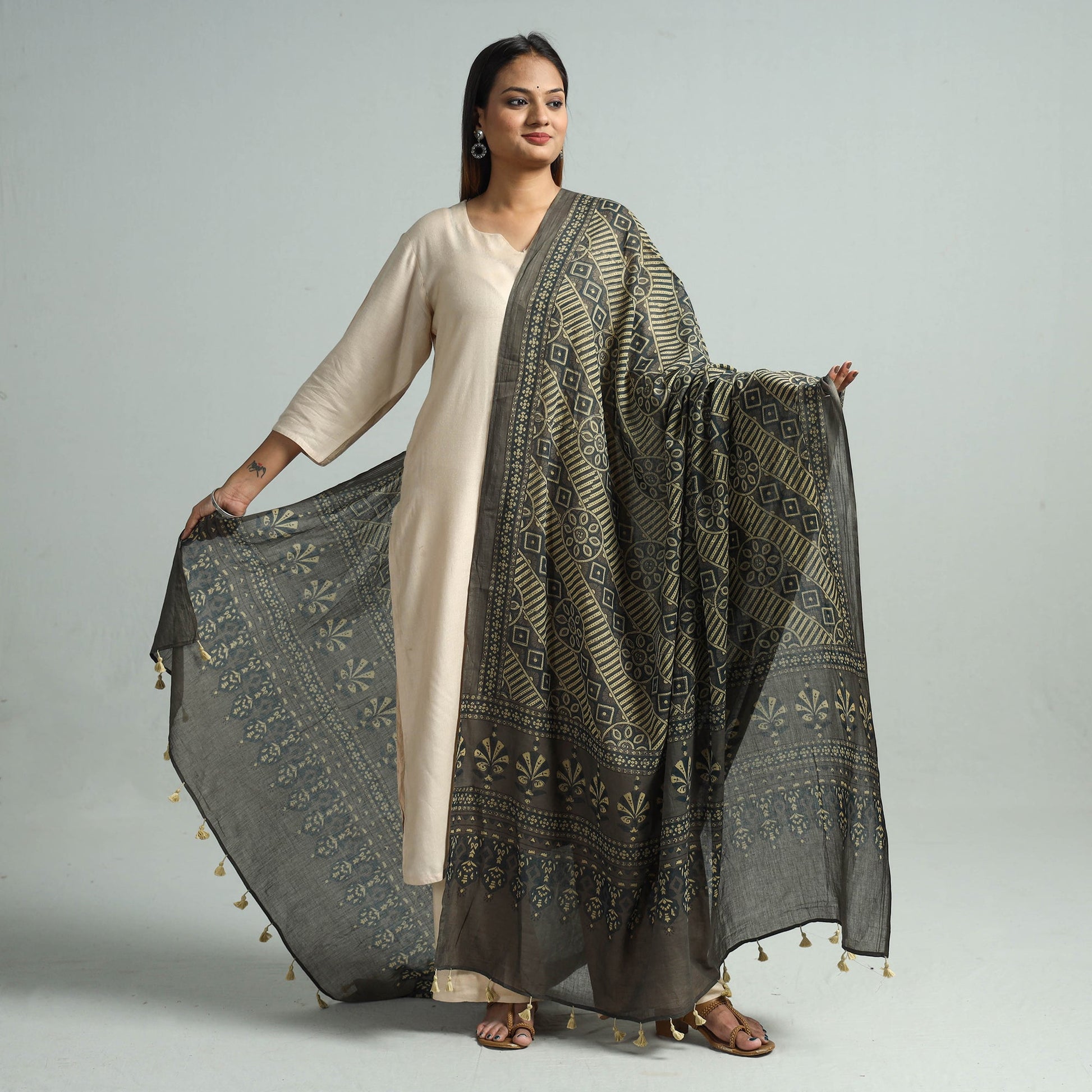Brown - Hand Block Printed Cotton Ajrakh Dupatta 48