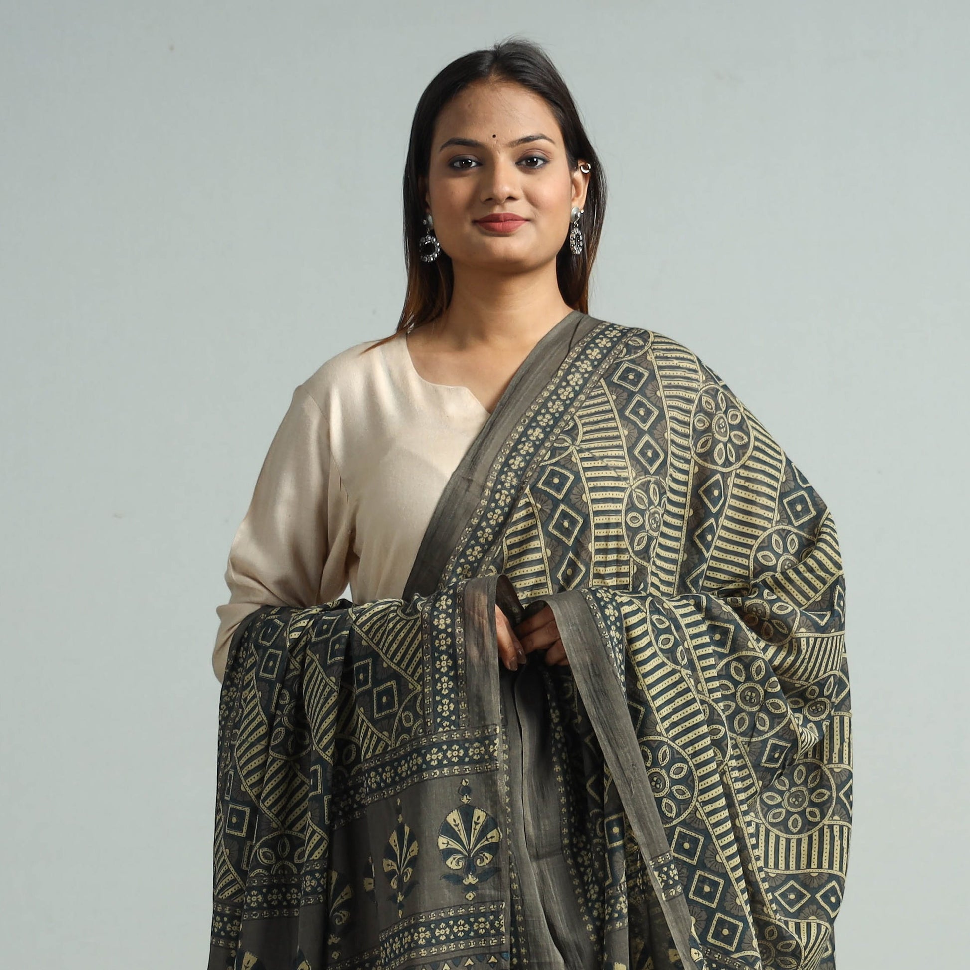 Brown - Hand Block Printed Cotton Ajrakh Dupatta 48