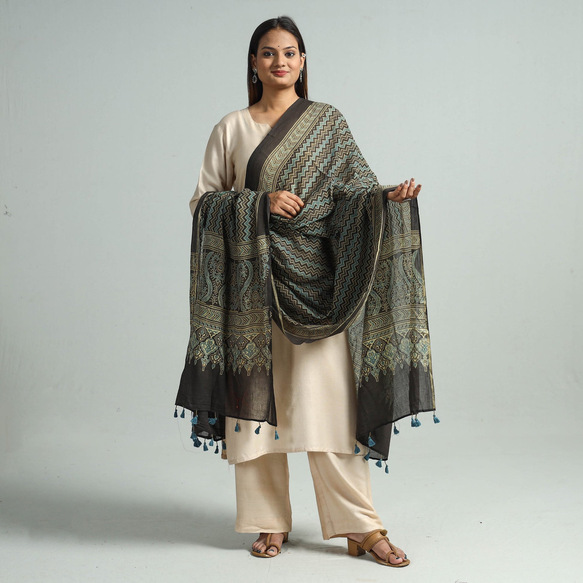 Brown - Hand Block Printed Cotton Ajrakh Dupatta 49