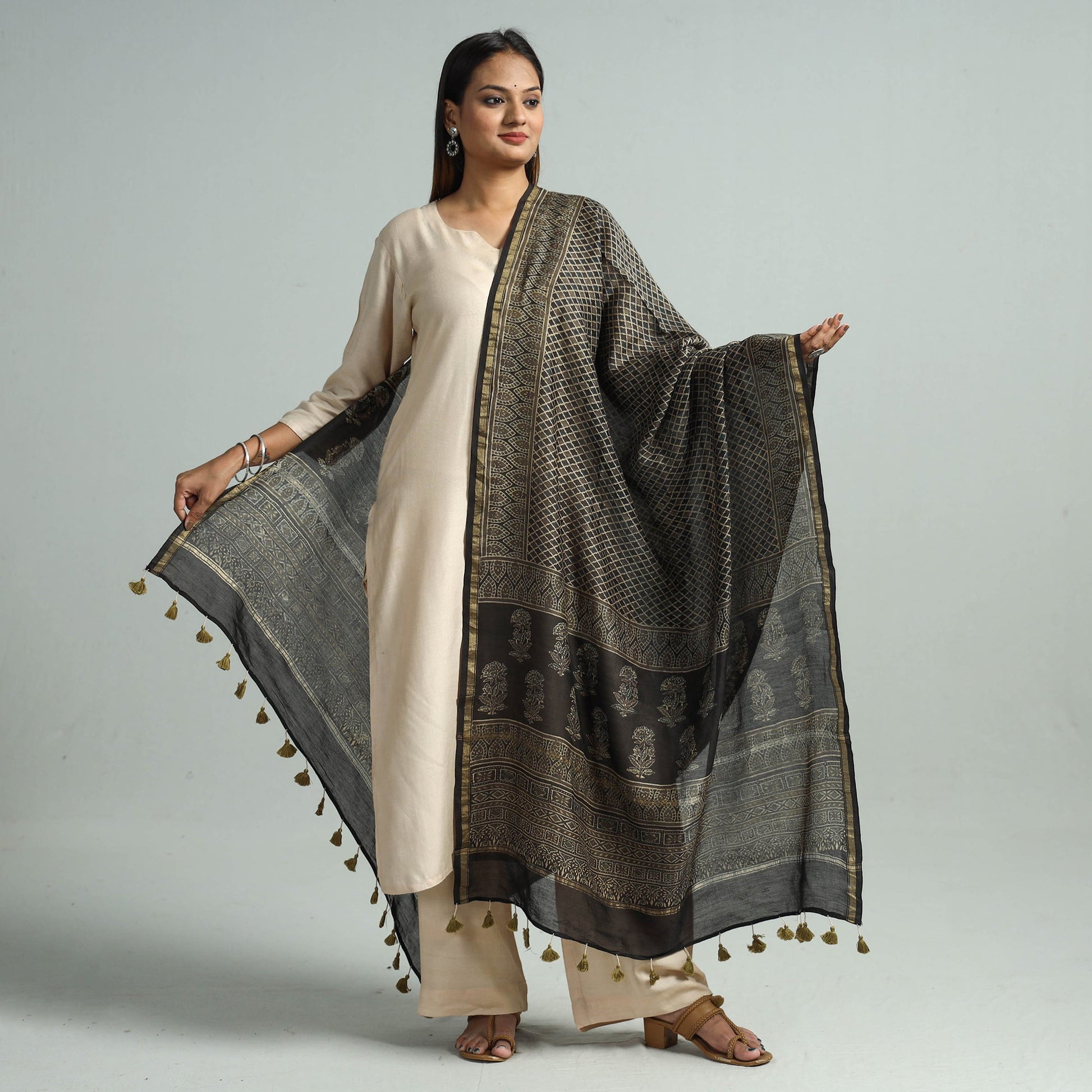 Brown - Hand Block Print Chanderi Silk Ajrakh Dupatta 50