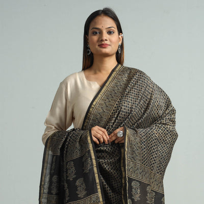 Brown - Hand Block Print Chanderi Silk Ajrakh Dupatta 50