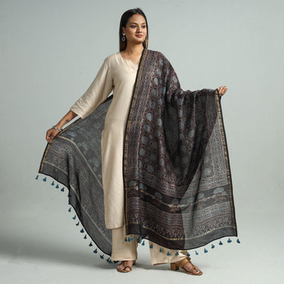 Black - Hand Block Print Chanderi Silk Ajrakh Dupatta 51