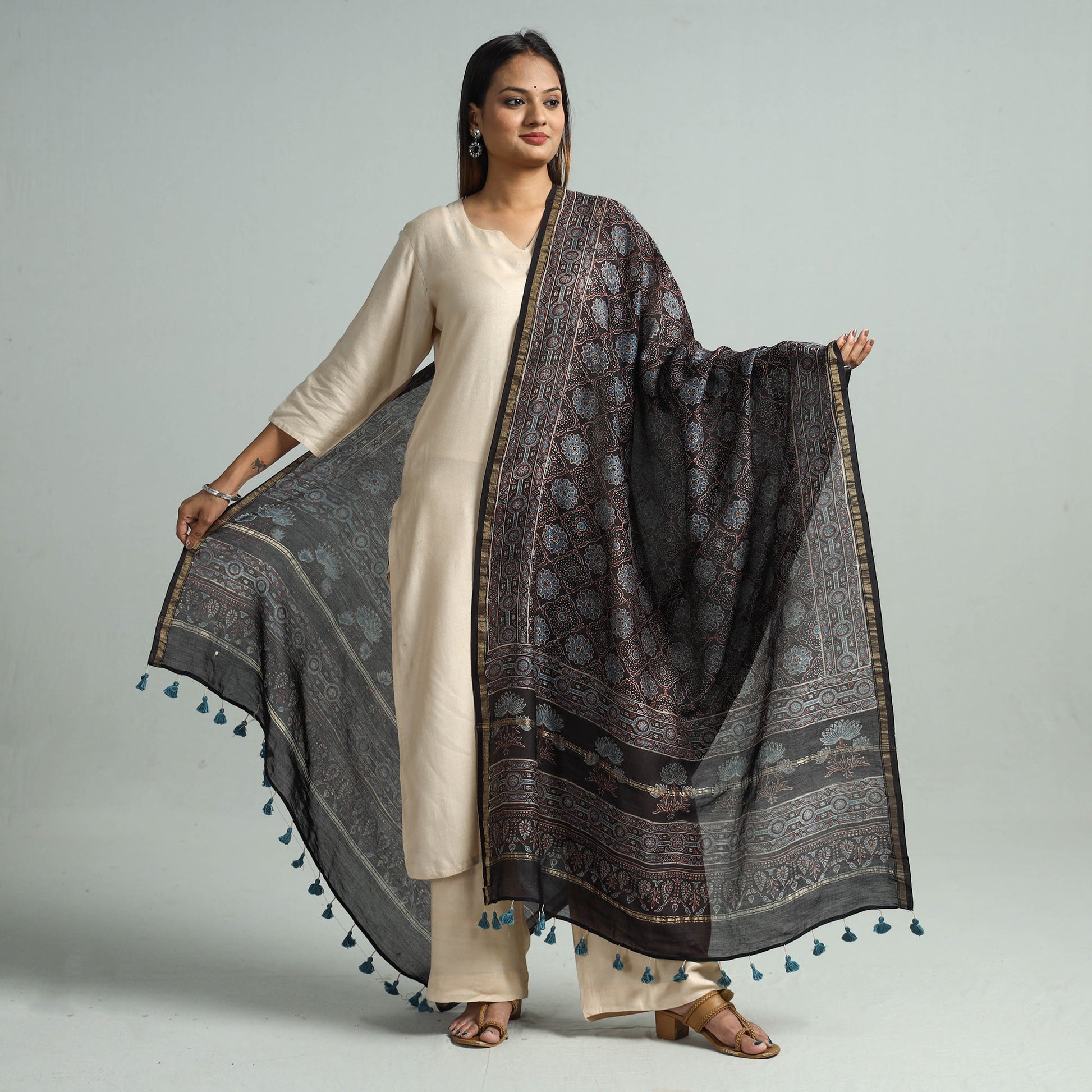 Black - Hand Block Print Chanderi Silk Ajrakh Dupatta 51