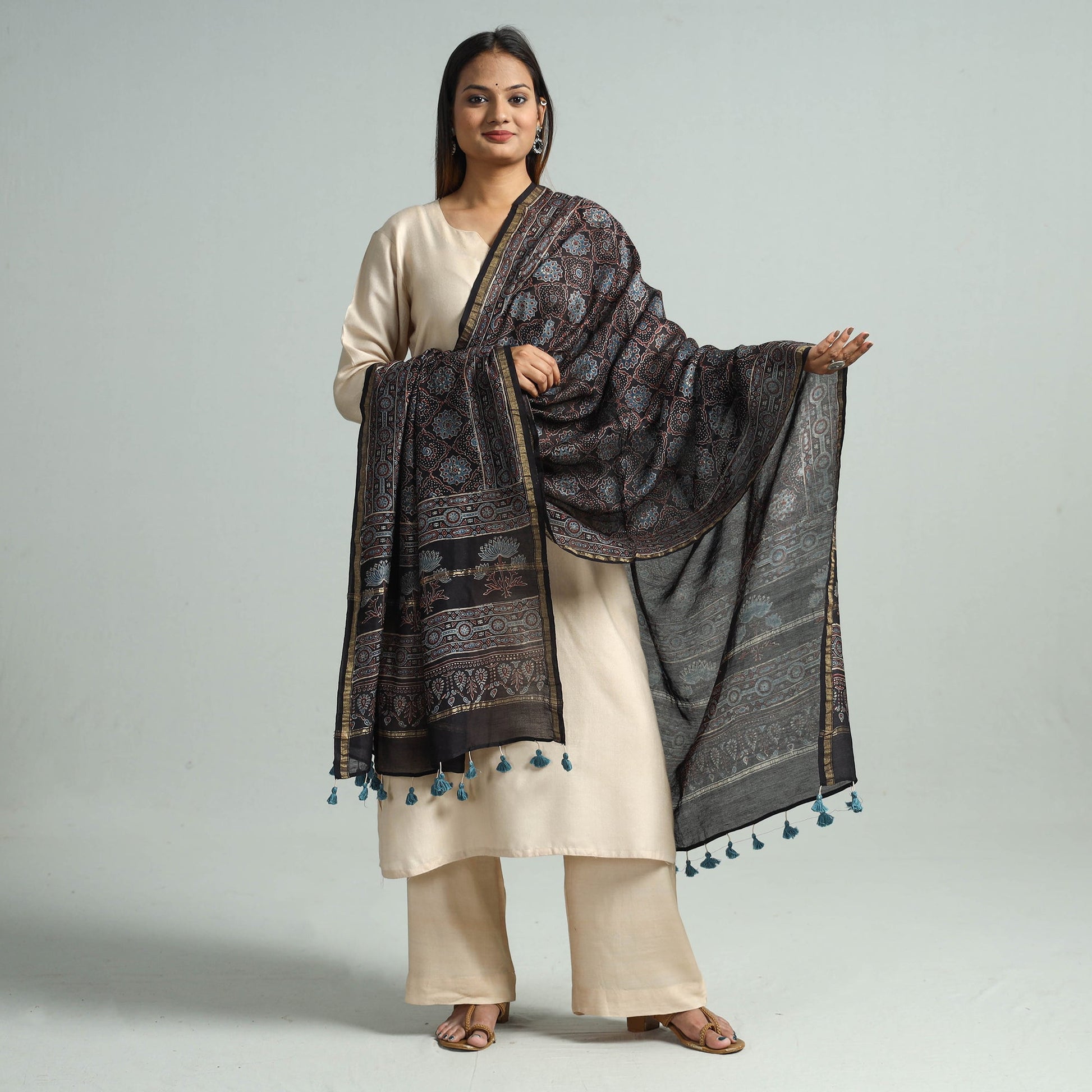Black - Hand Block Print Chanderi Silk Ajrakh Dupatta 51