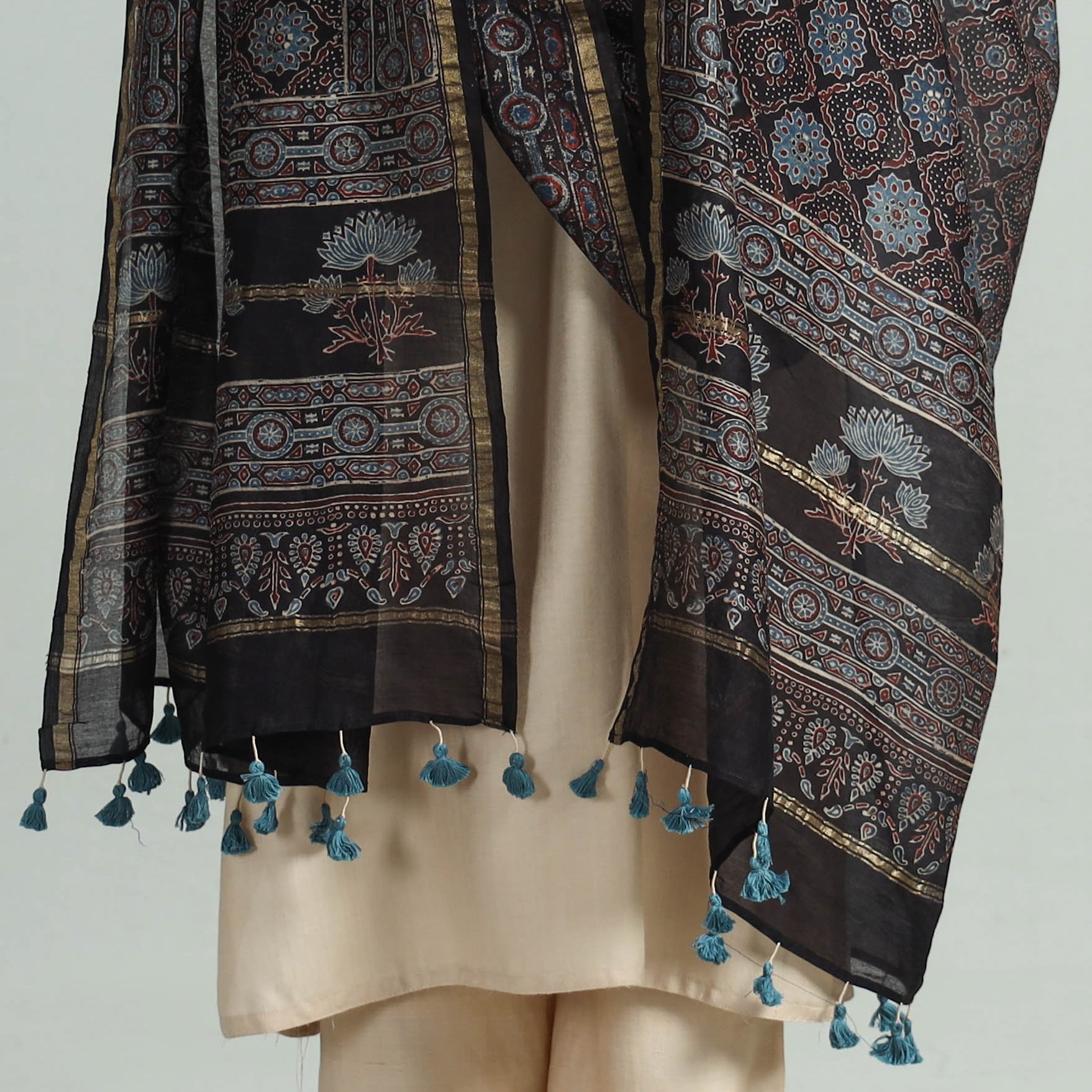 Black - Hand Block Print Chanderi Silk Ajrakh Dupatta 51