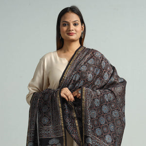 Black - Hand Block Print Chanderi Silk Ajrakh Dupatta 51