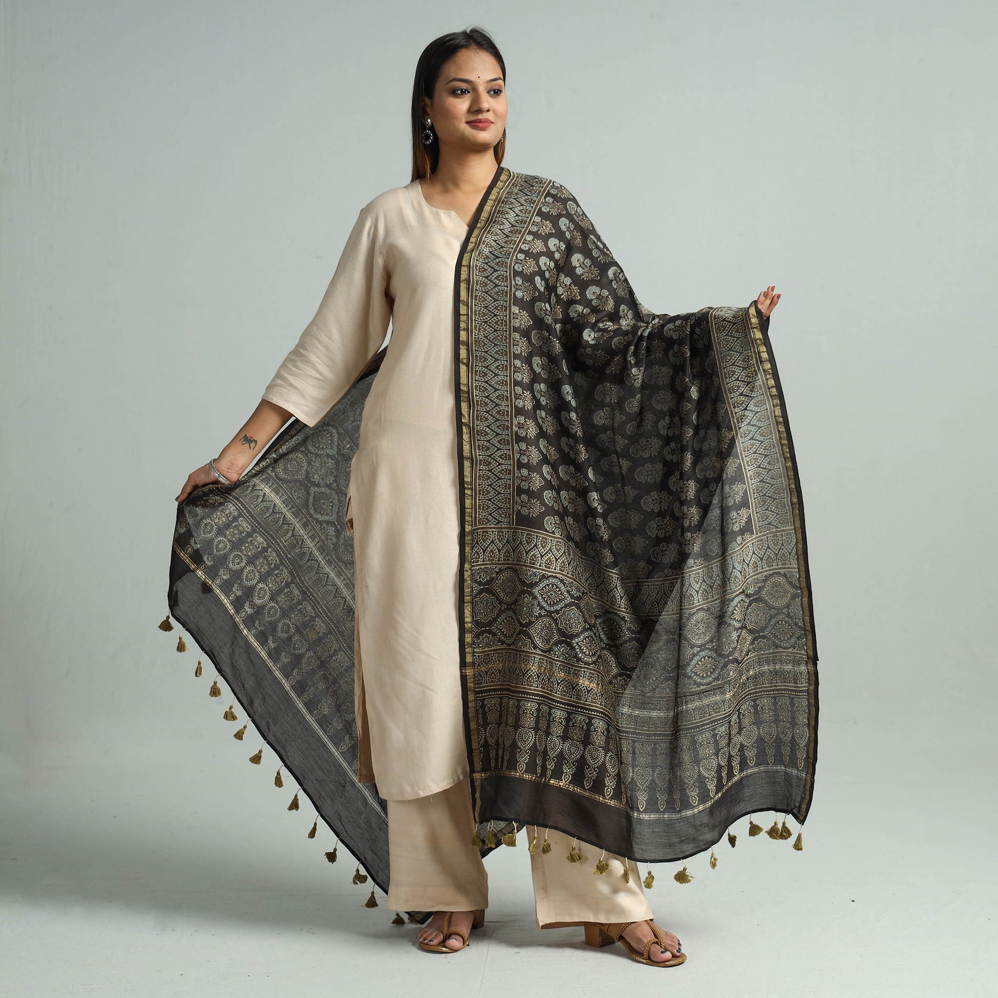 Black - Hand Block Print Chanderi Silk Ajrakh Dupatta 53