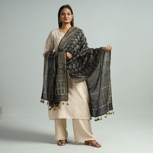 Black - Hand Block Print Chanderi Silk Ajrakh Dupatta 53
