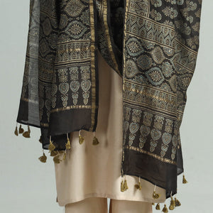 Black - Hand Block Print Chanderi Silk Ajrakh Dupatta 53