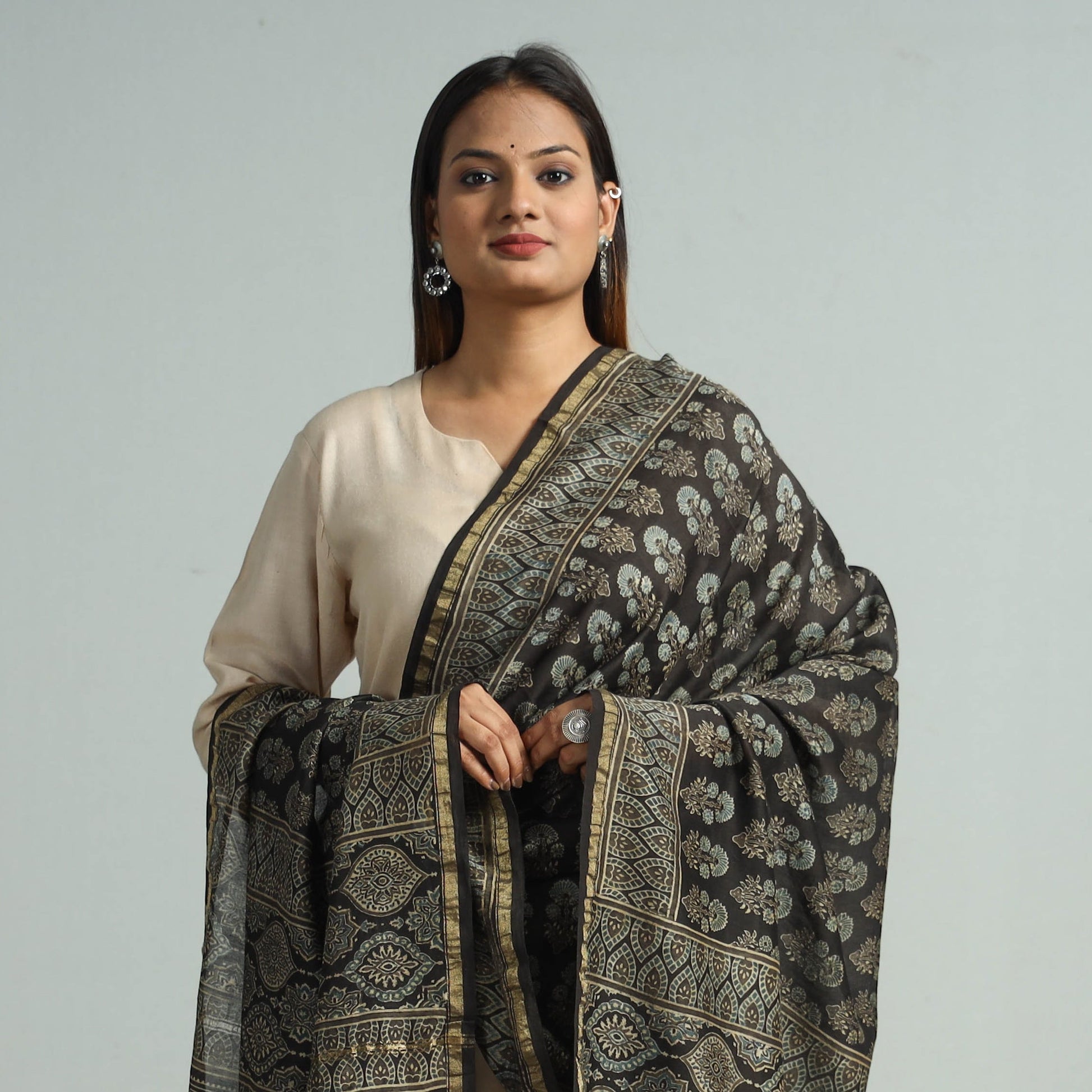 Black - Hand Block Print Chanderi Silk Ajrakh Dupatta 53