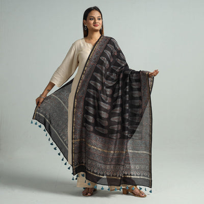 Black - Hand Block Print Chanderi Silk Ajrakh Dupatta 54