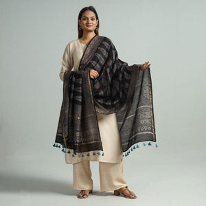 Black - Hand Block Print Chanderi Silk Ajrakh Dupatta 54