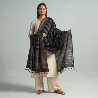 Black - Hand Block Print Chanderi Silk Ajrakh Dupatta 54