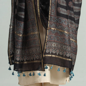 Black - Hand Block Print Chanderi Silk Ajrakh Dupatta 54