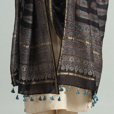 Black - Hand Block Print Chanderi Silk Ajrakh Dupatta 54