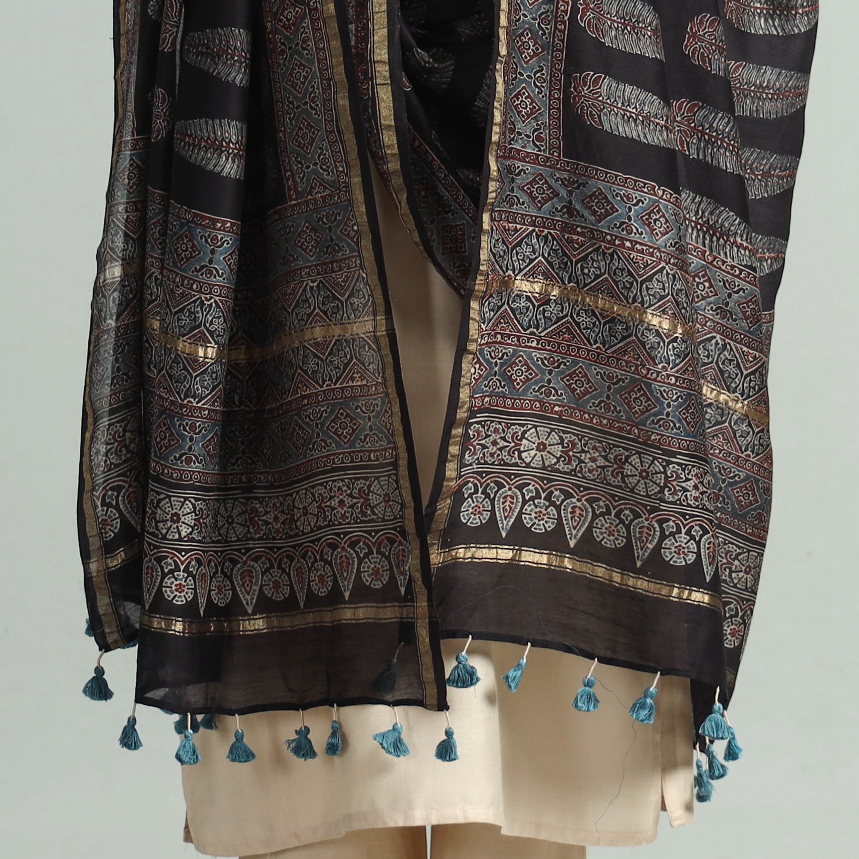 Black - Hand Block Print Chanderi Silk Ajrakh Dupatta 54