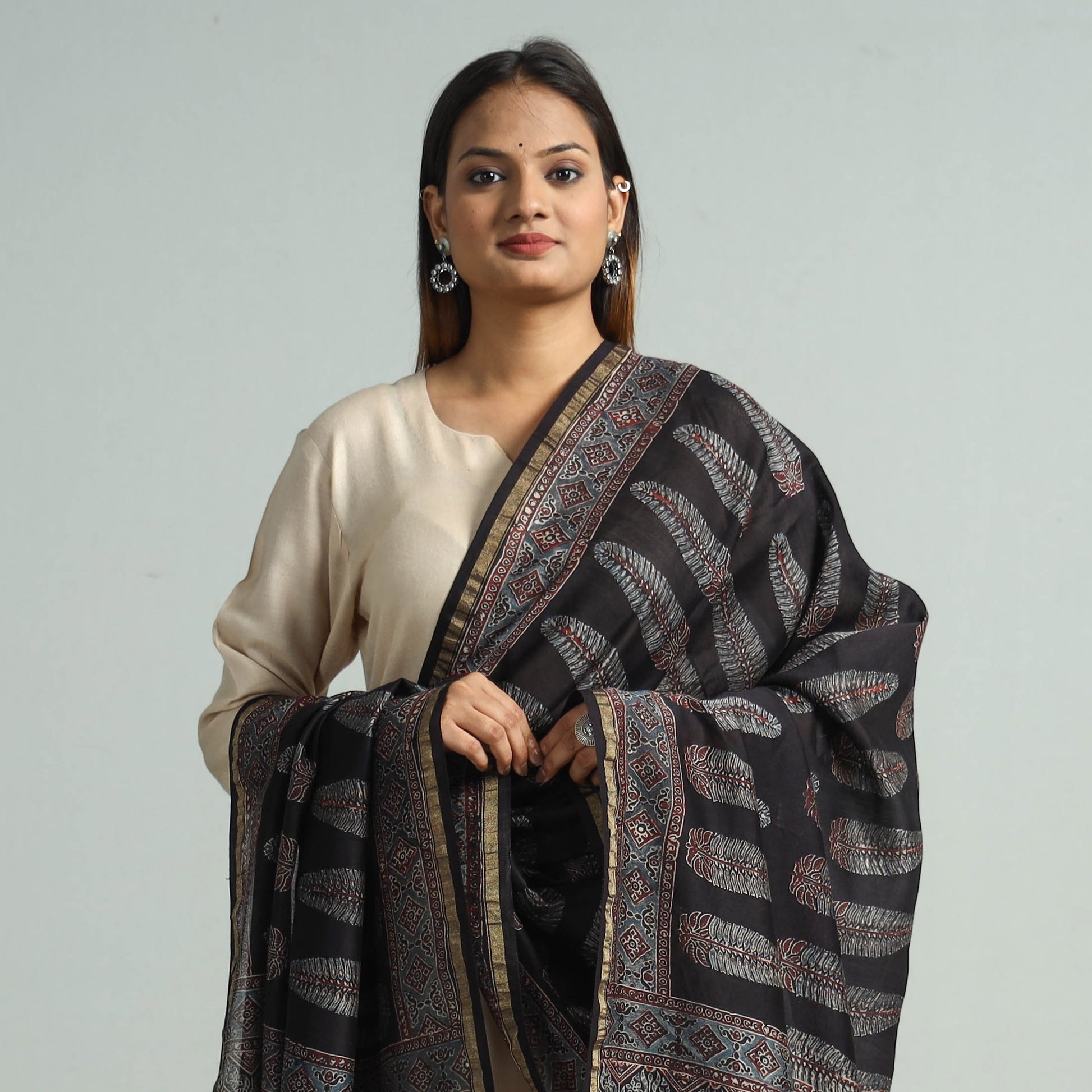 Black - Hand Block Print Chanderi Silk Ajrakh Dupatta 54