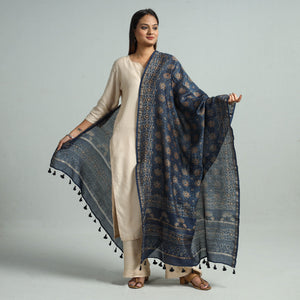 Blue - Hand Block Print Chanderi Silk Ajrakh Dupatta 55
