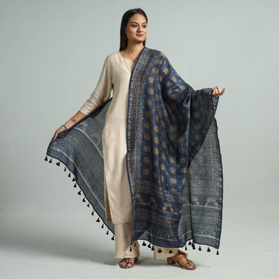 Blue - Hand Block Print Chanderi Silk Ajrakh Dupatta 55