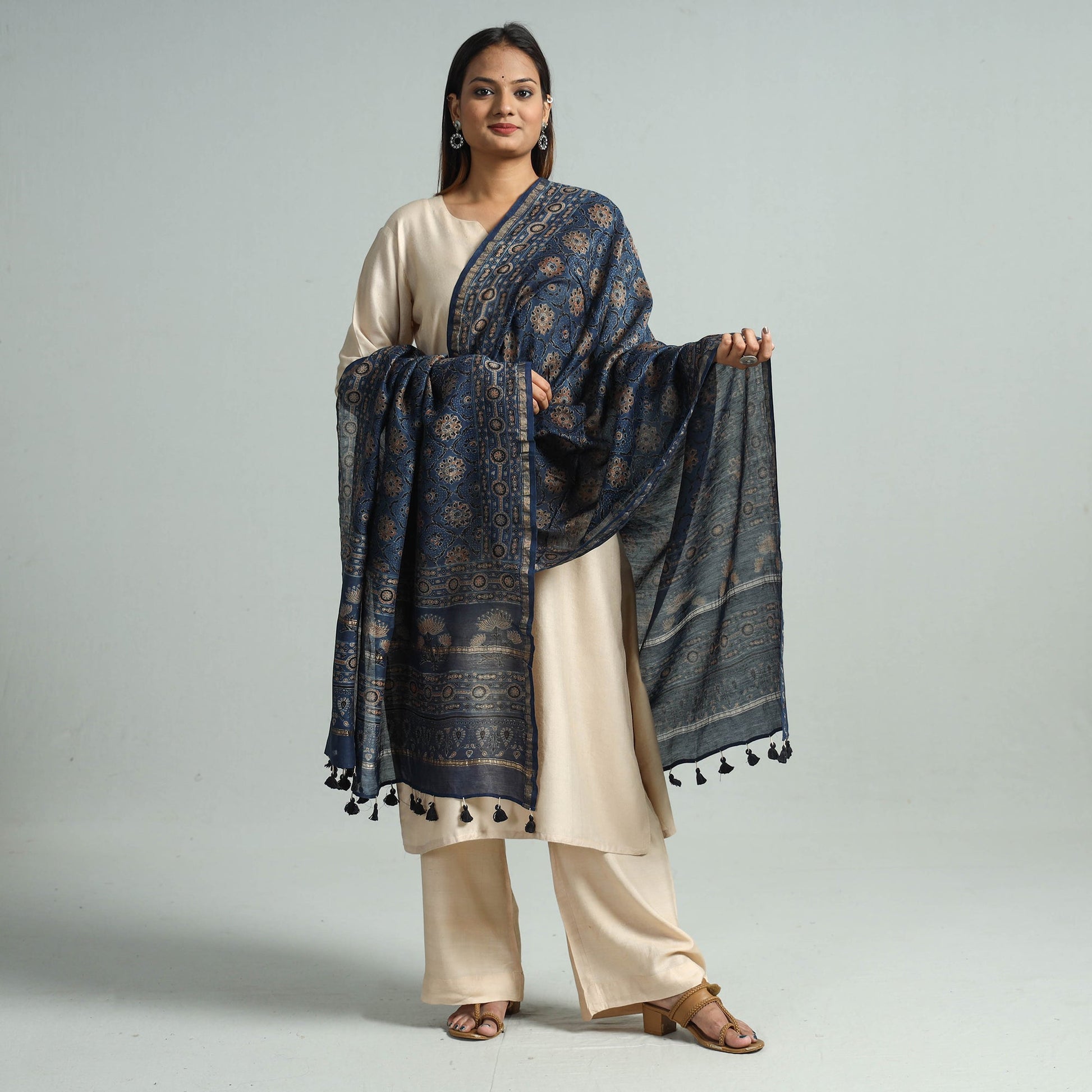 Blue - Hand Block Print Chanderi Silk Ajrakh Dupatta 55