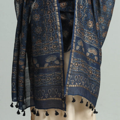 Blue - Hand Block Print Chanderi Silk Ajrakh Dupatta 55