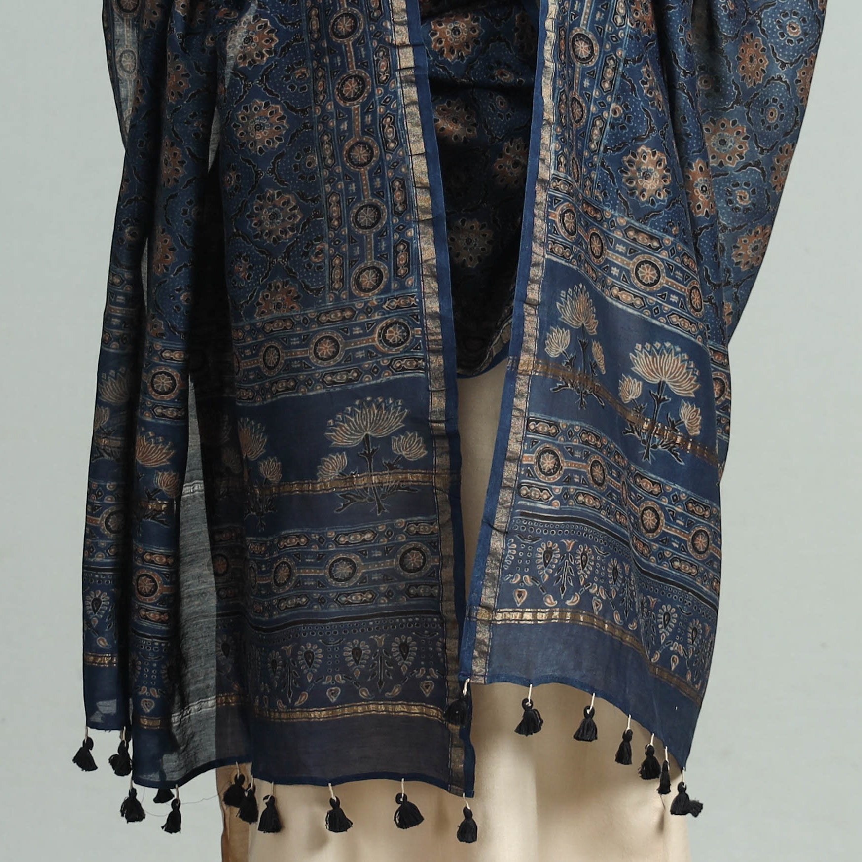 Blue - Hand Block Print Chanderi Silk Ajrakh Dupatta 55
