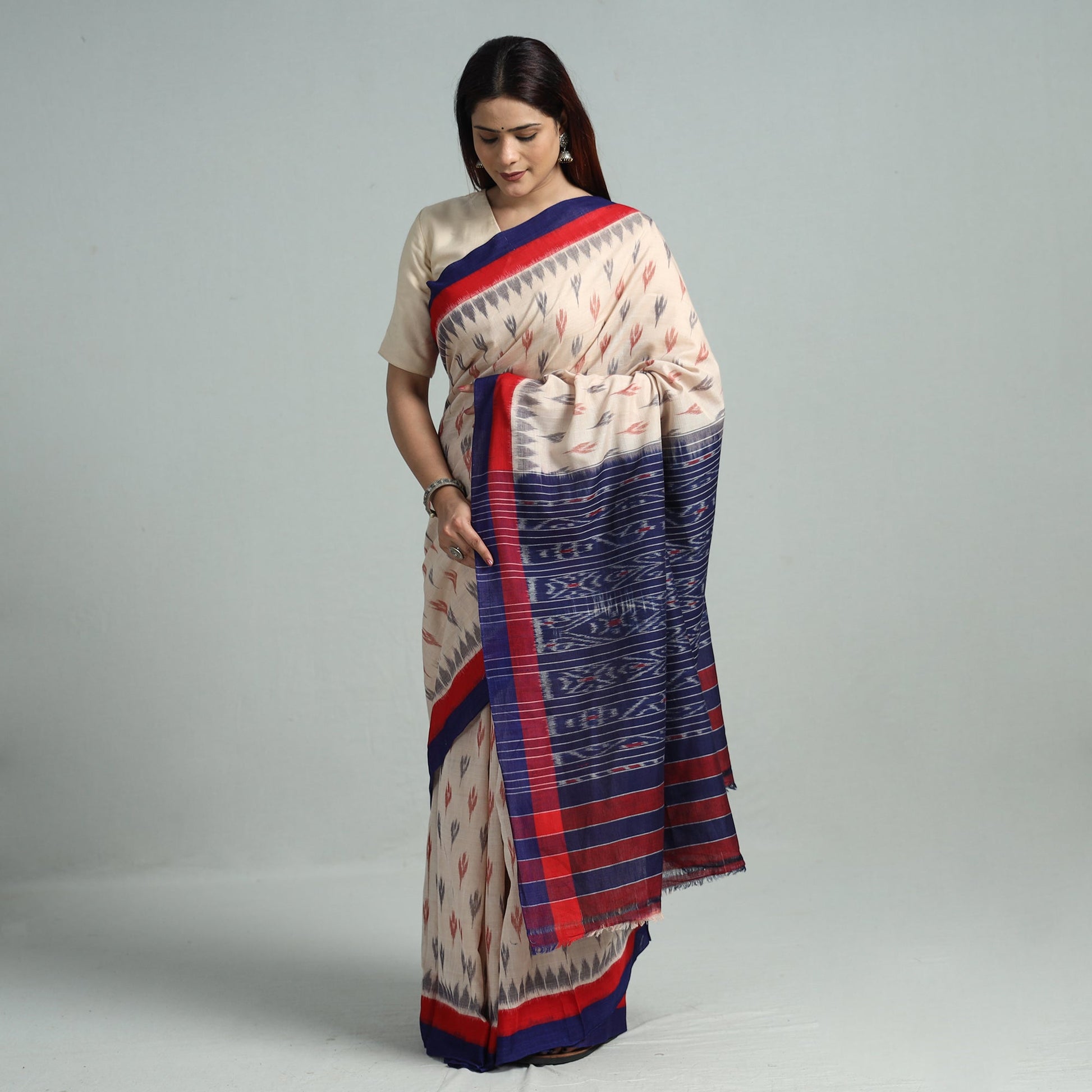 Beige - Sambalpuri Ikat Handloom Cotton Saree 27
