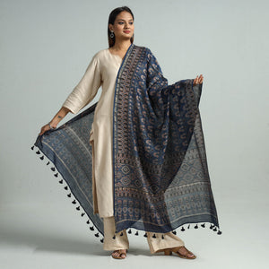 Blue - Hand Block Print Chanderi Silk Ajrakh Dupatta 58