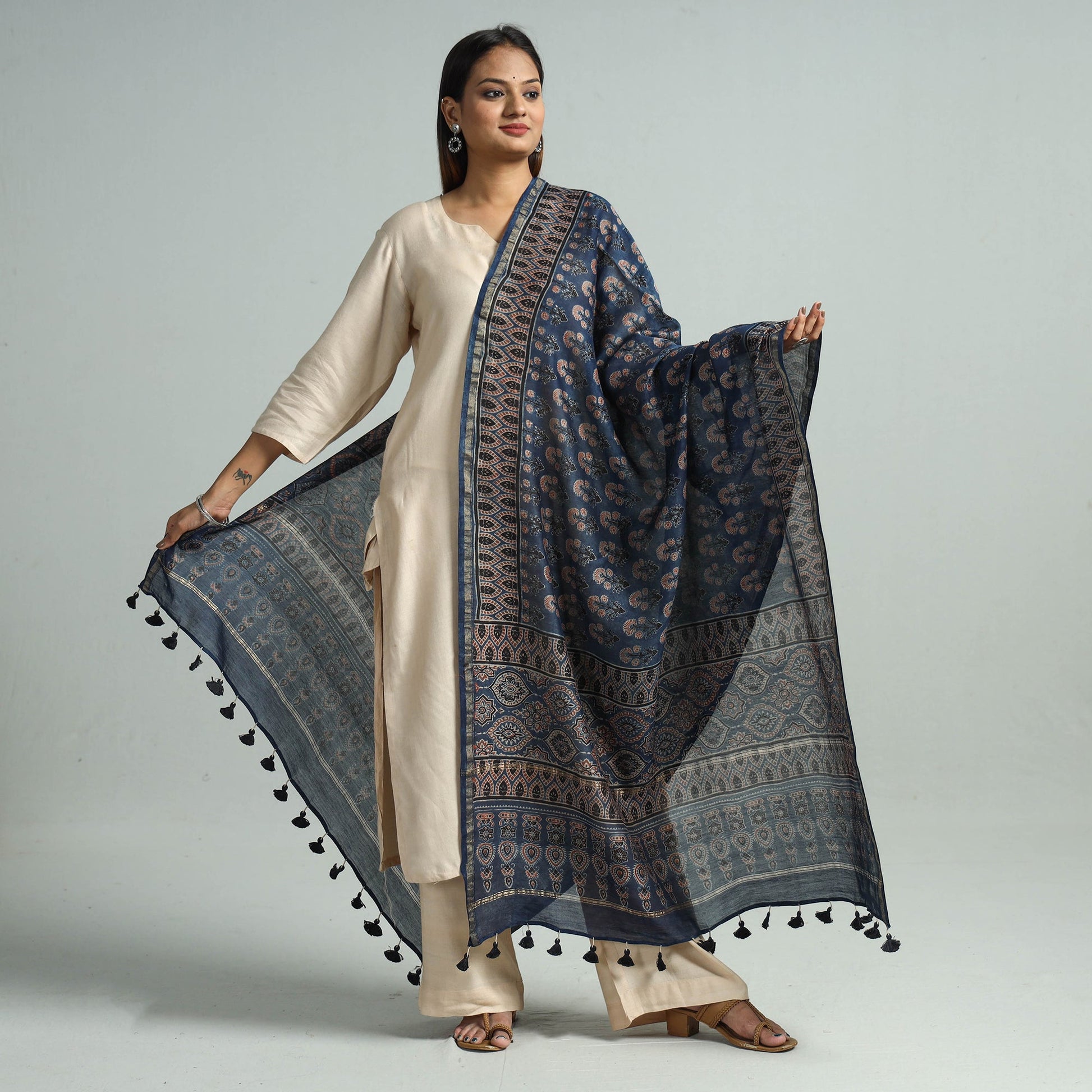Blue - Hand Block Print Chanderi Silk Ajrakh Dupatta 58