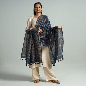 Blue - Hand Block Print Chanderi Silk Ajrakh Dupatta 58