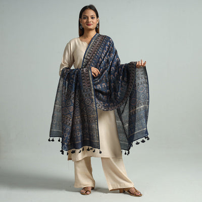 Blue - Hand Block Print Chanderi Silk Ajrakh Dupatta 58